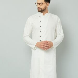 White cotton kurta with black buttons.