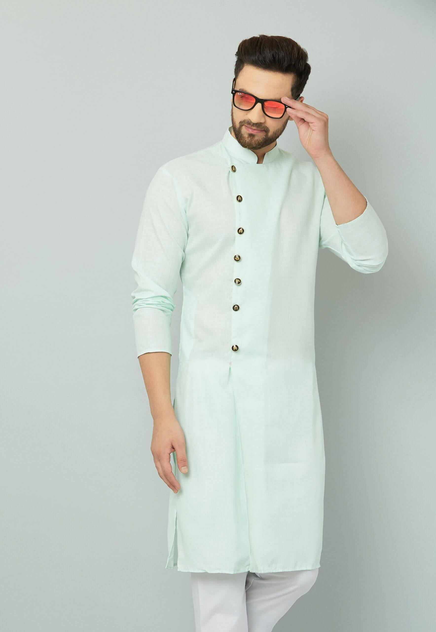 p (2)-min Cotton mint green Indian kurta with buttoned collar.
