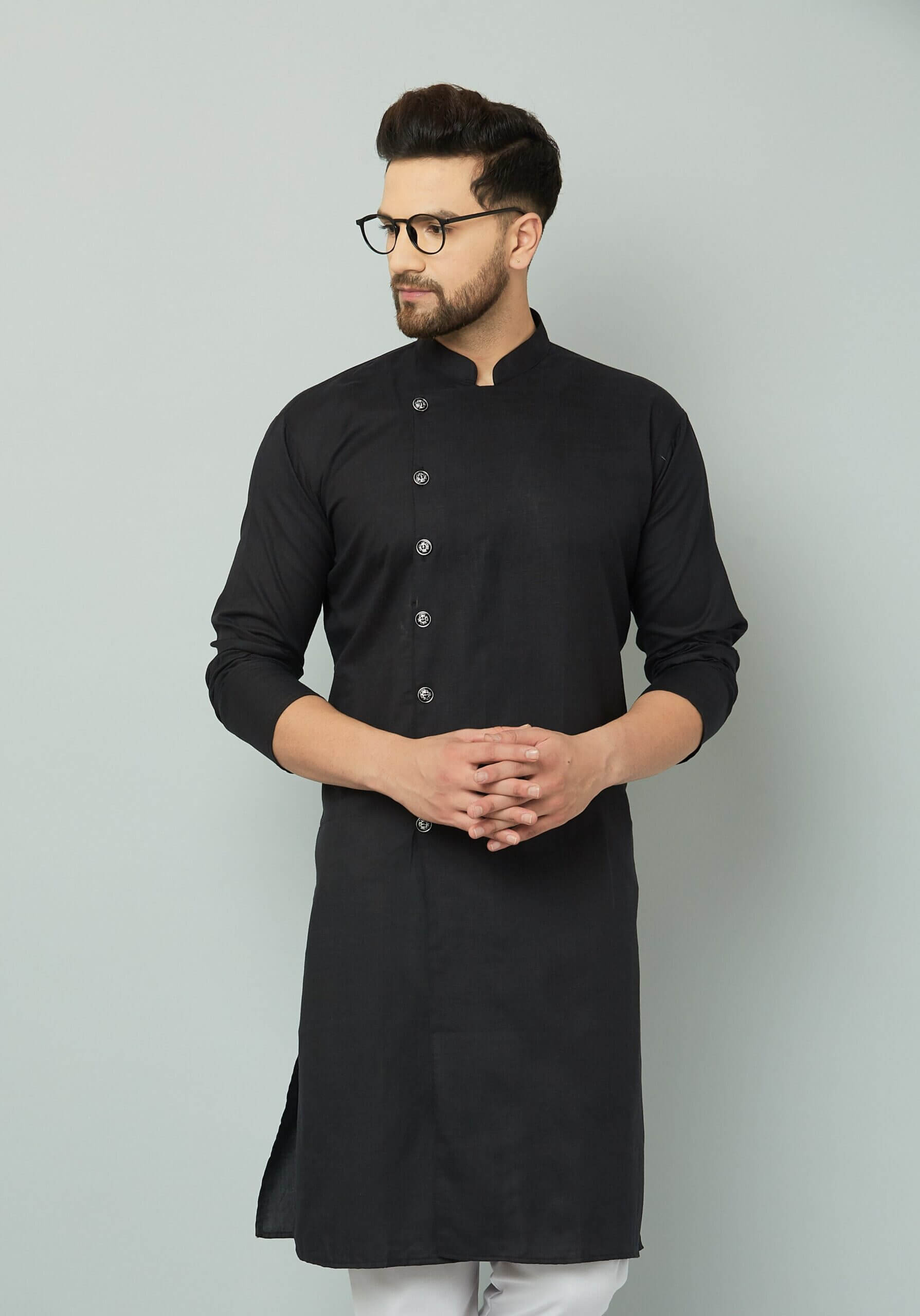 p-min Black cotton Indian kurta paired with white pants.