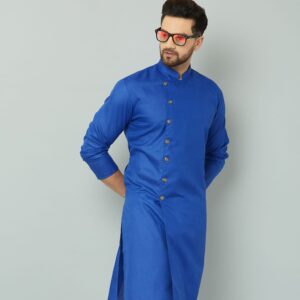 Blue cotton kurta paired with white pants.